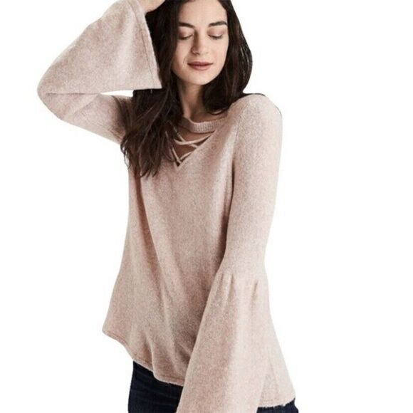 American Eagle Outfitters Bell Sleeve Criss Cross Neck Blush Pink/Cream Size XL - Picture 3 of 10